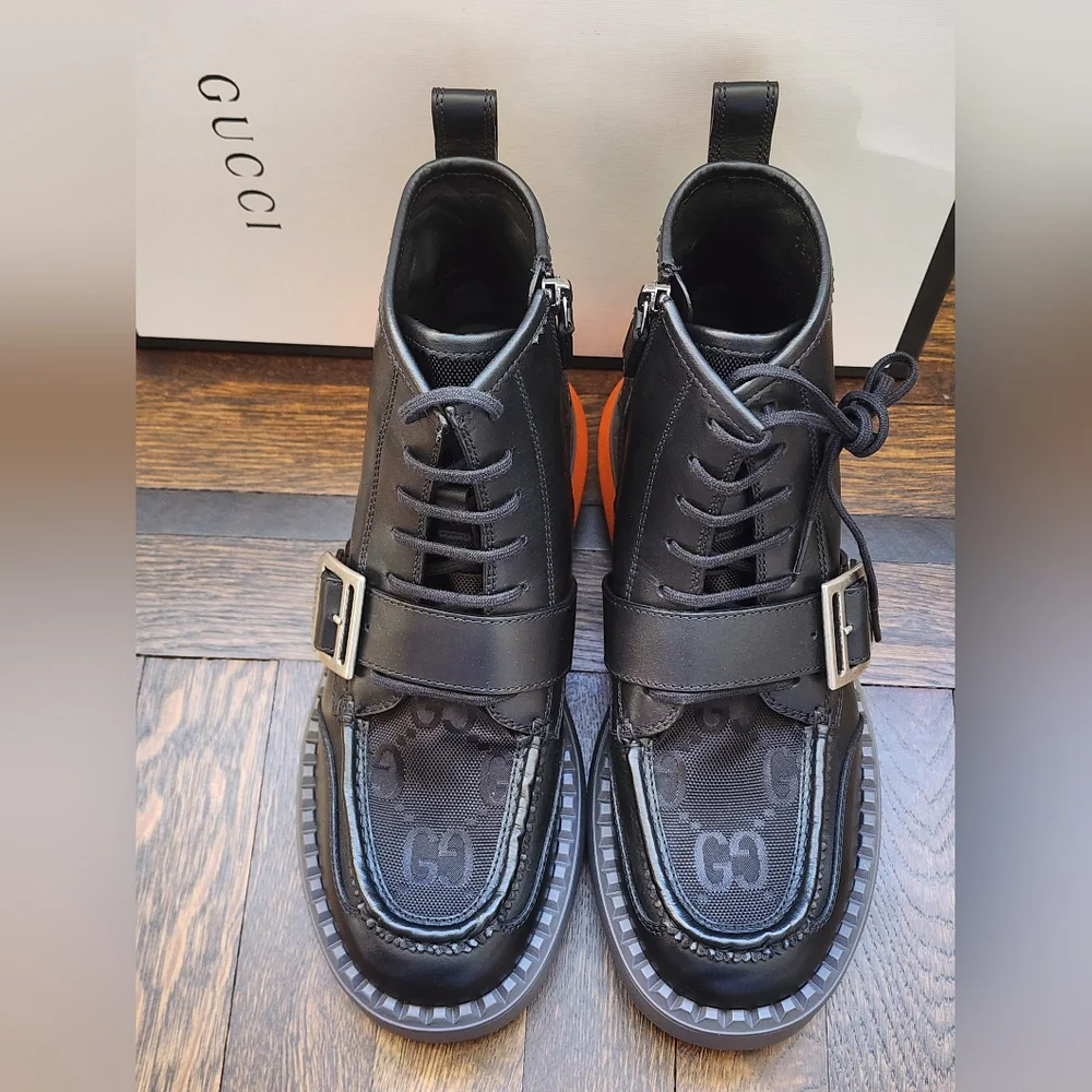 $1600 Brand New Gucci Sierra Calf Men's Boots Nylon GG Sz G 7 US 7.5